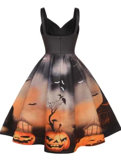 Online Retro Stage 1950s Halloween Pumpkin Swing Dress Black