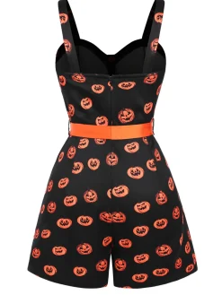 Discount Retro Stage 1950s Halloween Pumpkin Face Romper Black