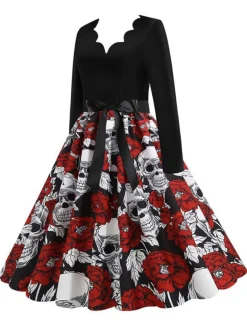 Best Retro Stage 1950s Halloween Roses Skull Petal Collar Dress Black