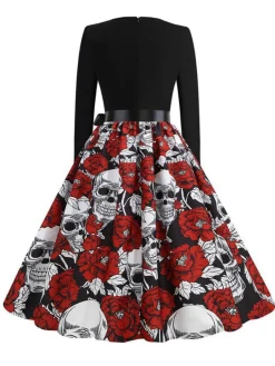 Best Retro Stage 1950s Halloween Roses Skull Petal Collar Dress Black
