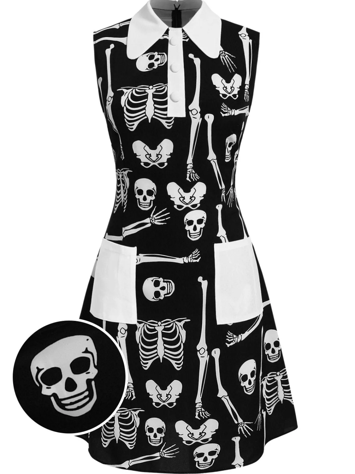 Fashion Retro Stage 1960s Halloween Skeleton Lapel Mod Dress Black