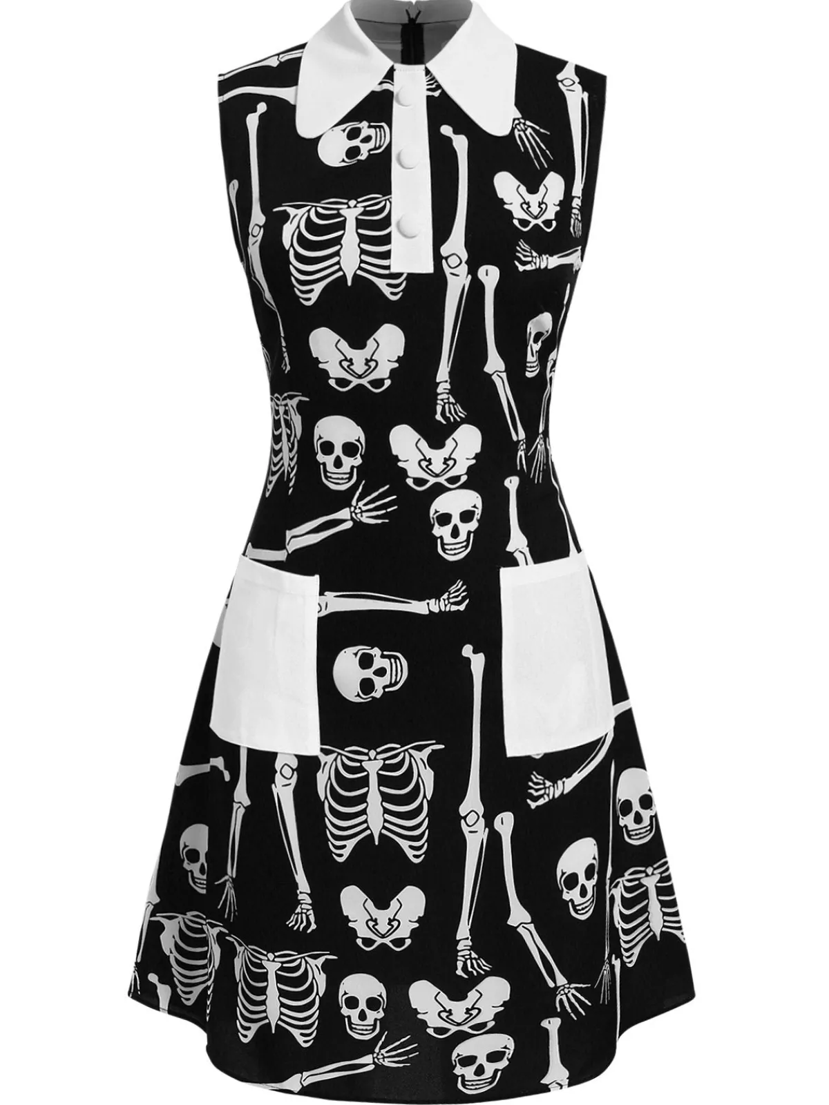 Fashion Retro Stage 1960s Halloween Skeleton Lapel Mod Dress Black