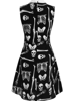 Fashion Retro Stage 1960s Halloween Skeleton Lapel Mod Dress Black