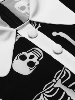 Fashion Retro Stage 1960s Halloween Skeleton Lapel Mod Dress Black