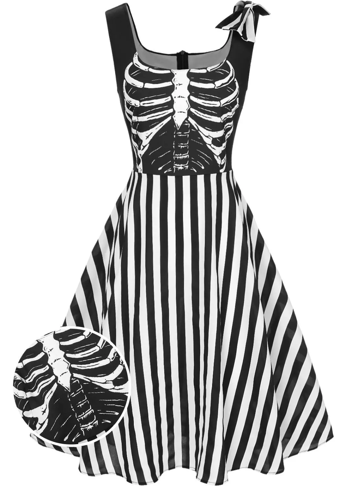 Discount Retro Stage 1950s Halloween Skeleton Vertical Stripes Dress Black