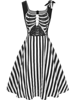 Discount Retro Stage 1950s Halloween Skeleton Vertical Stripes Dress Black