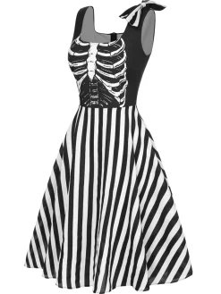 Discount Retro Stage 1950s Halloween Skeleton Vertical Stripes Dress Black