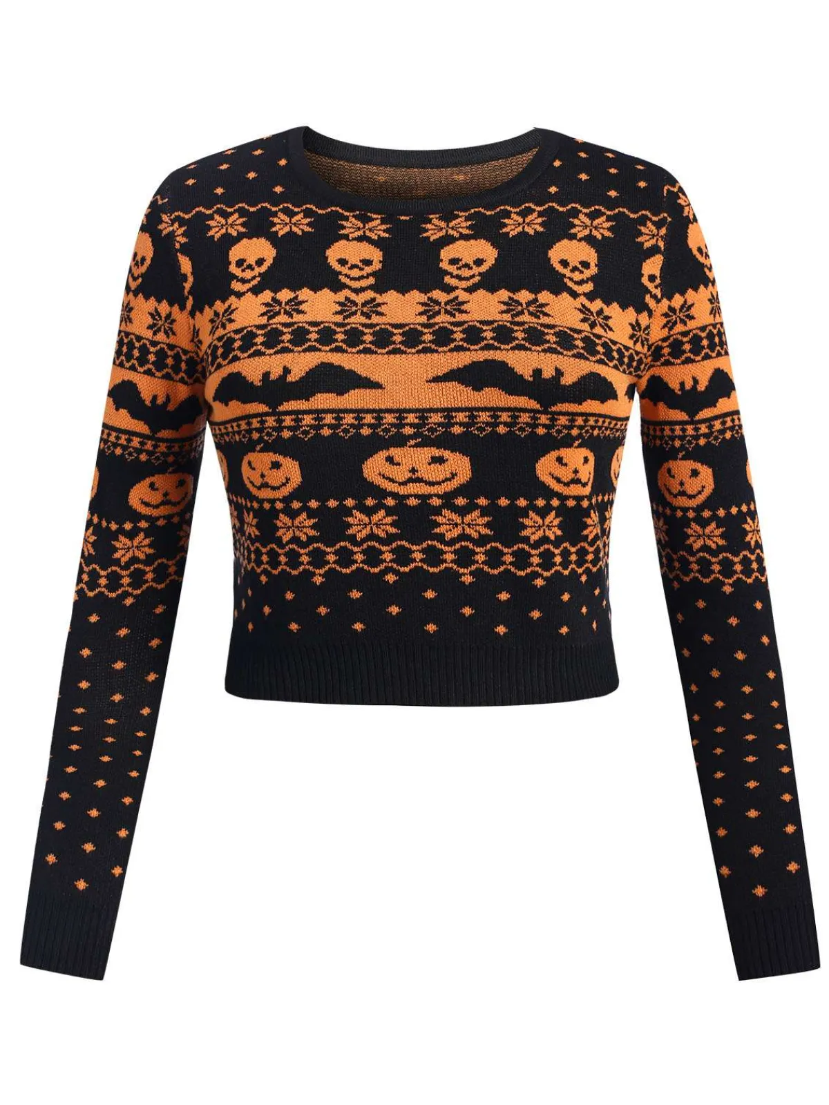 Outlet Retro Stage 1970s Halloween Skull Bat Crop Sweater Black