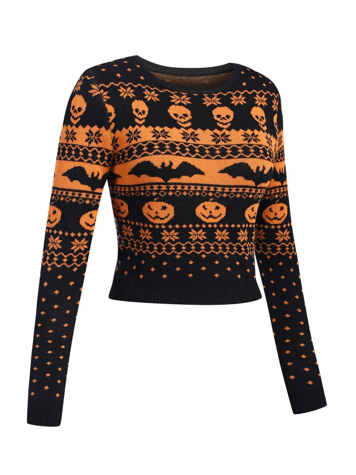 Outlet Retro Stage 1970s Halloween Skull Bat Crop Sweater Black