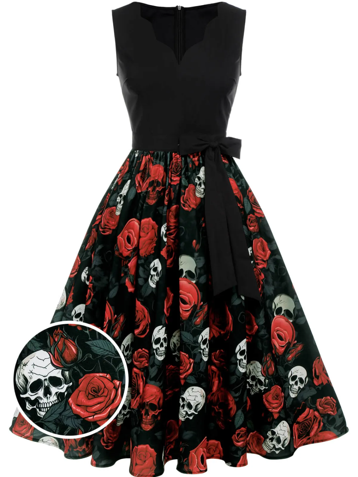 Best Retro Stage 1950s Halloween Skull Rose Sleeveless Dress Black