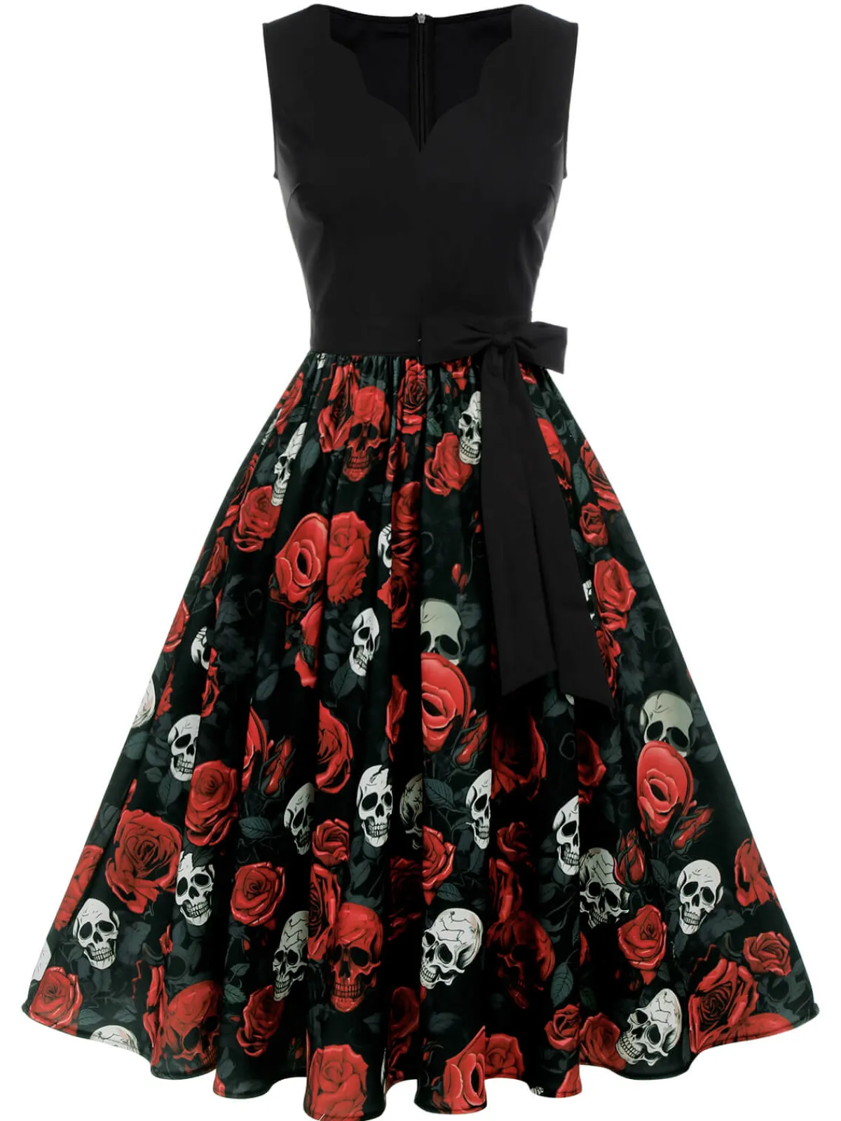 Best Retro Stage 1950s Halloween Skull Rose Sleeveless Dress Black