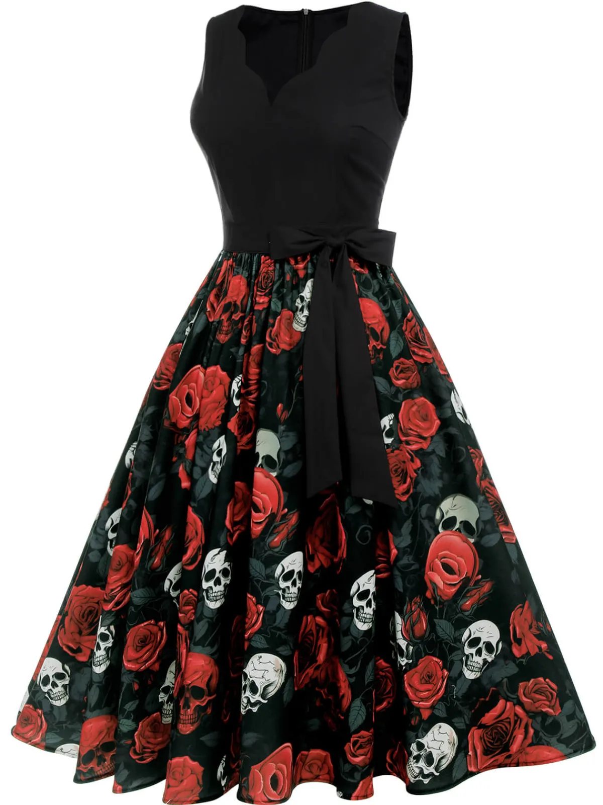 Best Retro Stage 1950s Halloween Skull Rose Sleeveless Dress Black