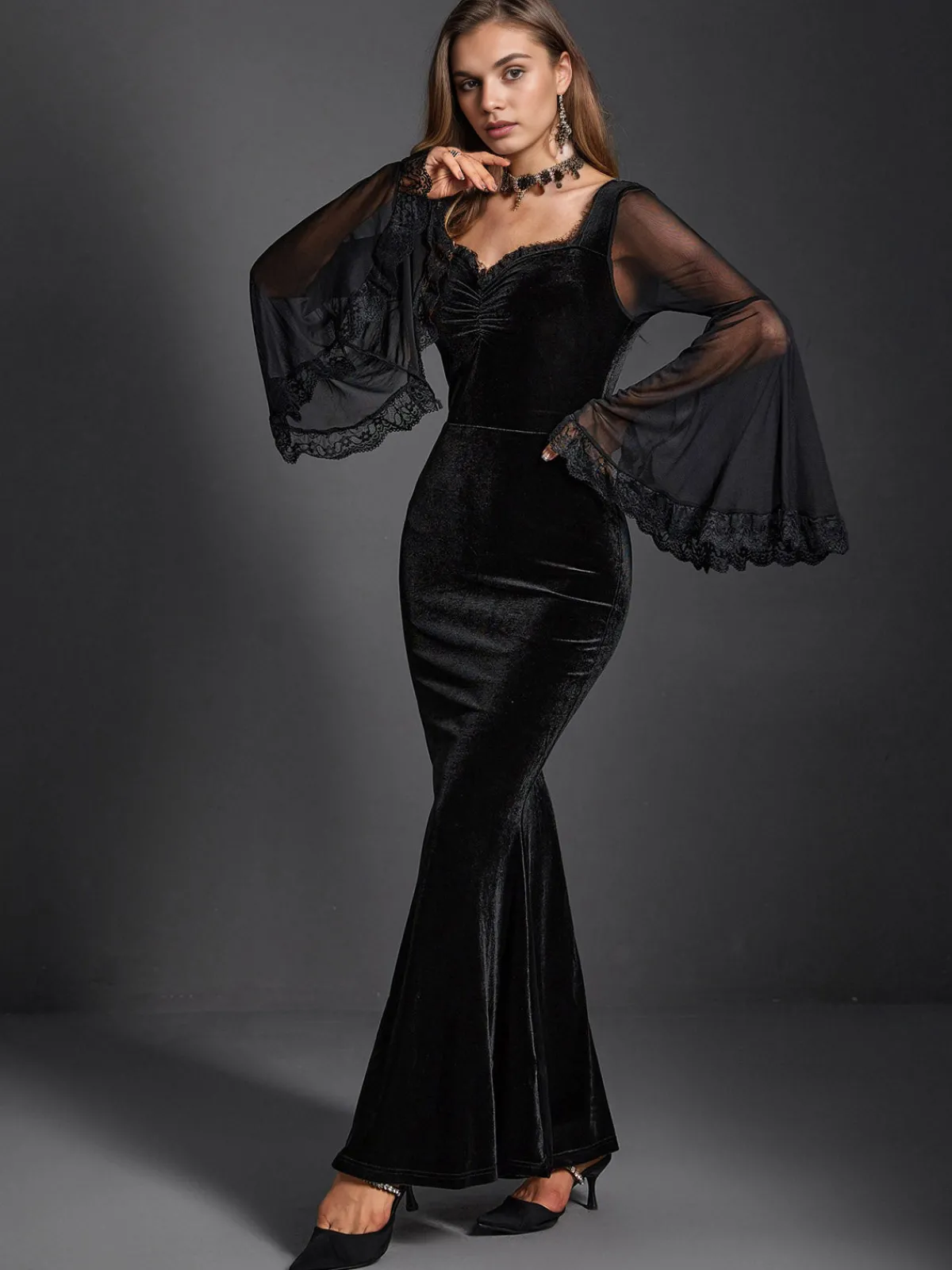 Hot Retro Stage 1970s Halloween Solid Lace Dress Black