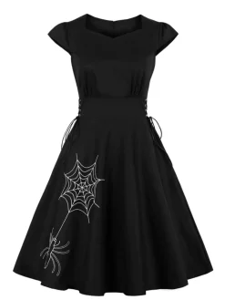 Clearance Retro Stage 1950s Halloween Solid Spider Web Dress Black
