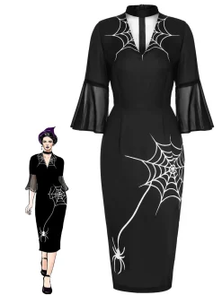 Clearance Retro Stage 1960s Halloween Spider Net Bell Pencil Dress Black