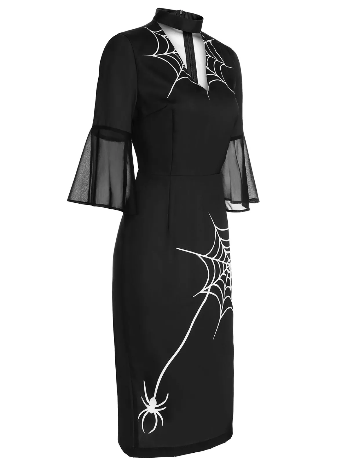 Clearance Retro Stage 1960s Halloween Spider Net Bell Pencil Dress Black