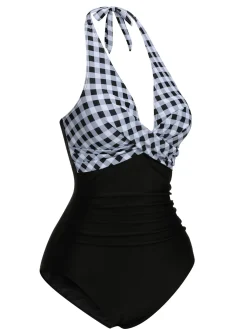 Outlet Retro Stage 1940s Halter Backless Plaids One-Piece Swimsuit Black
