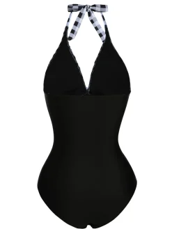 Outlet Retro Stage 1940s Halter Backless Plaids One-Piece Swimsuit Black