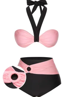 Sale Retro Stage 1960s Halter Contrast Swimsuit Black