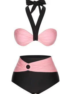 Sale Retro Stage 1960s Halter Contrast Swimsuit Black
