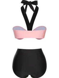 Sale Retro Stage 1960s Halter Contrast Swimsuit Black