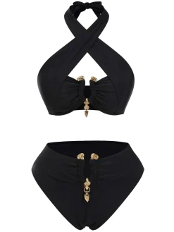 Online Retro Stage 1970s Halter Cross-Neck High-Waist Swimsuit Black