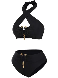 Online Retro Stage 1970s Halter Cross-Neck High-Waist Swimsuit Black