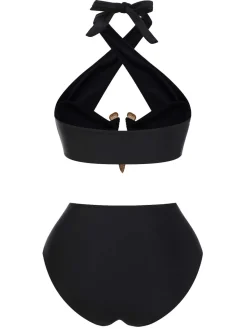 Online Retro Stage 1970s Halter Cross-Neck High-Waist Swimsuit Black