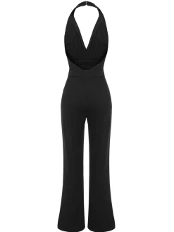 Online Retro Stage 1930s Halter Deep V-Neck Jumpsuit Black
