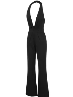 Online Retro Stage 1930s Halter Deep V-Neck Jumpsuit Black