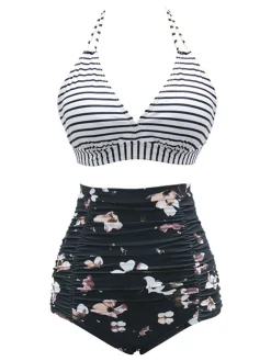 Best Retro Stage 1950s Halter Floral Stripes Swimsuit Black