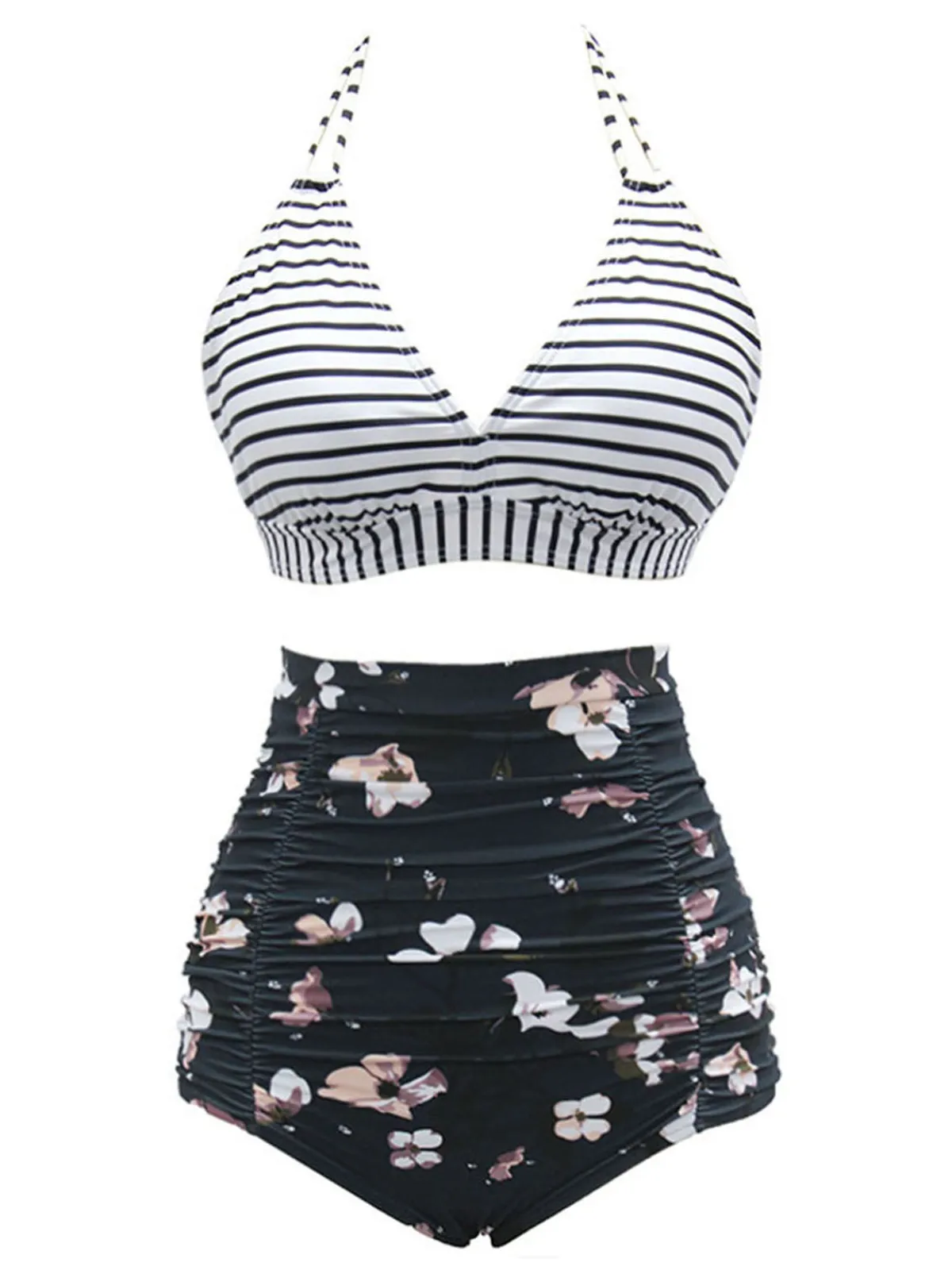 Best Retro Stage 1950s Halter Floral Stripes Swimsuit Black