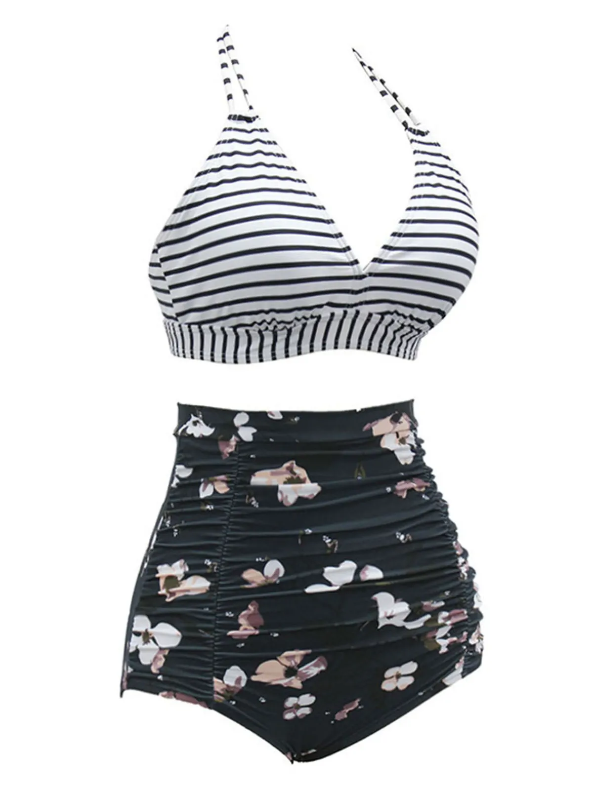 Best Retro Stage 1950s Halter Floral Stripes Swimsuit Black