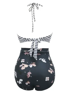 Best Retro Stage 1950s Halter Floral Stripes Swimsuit Black