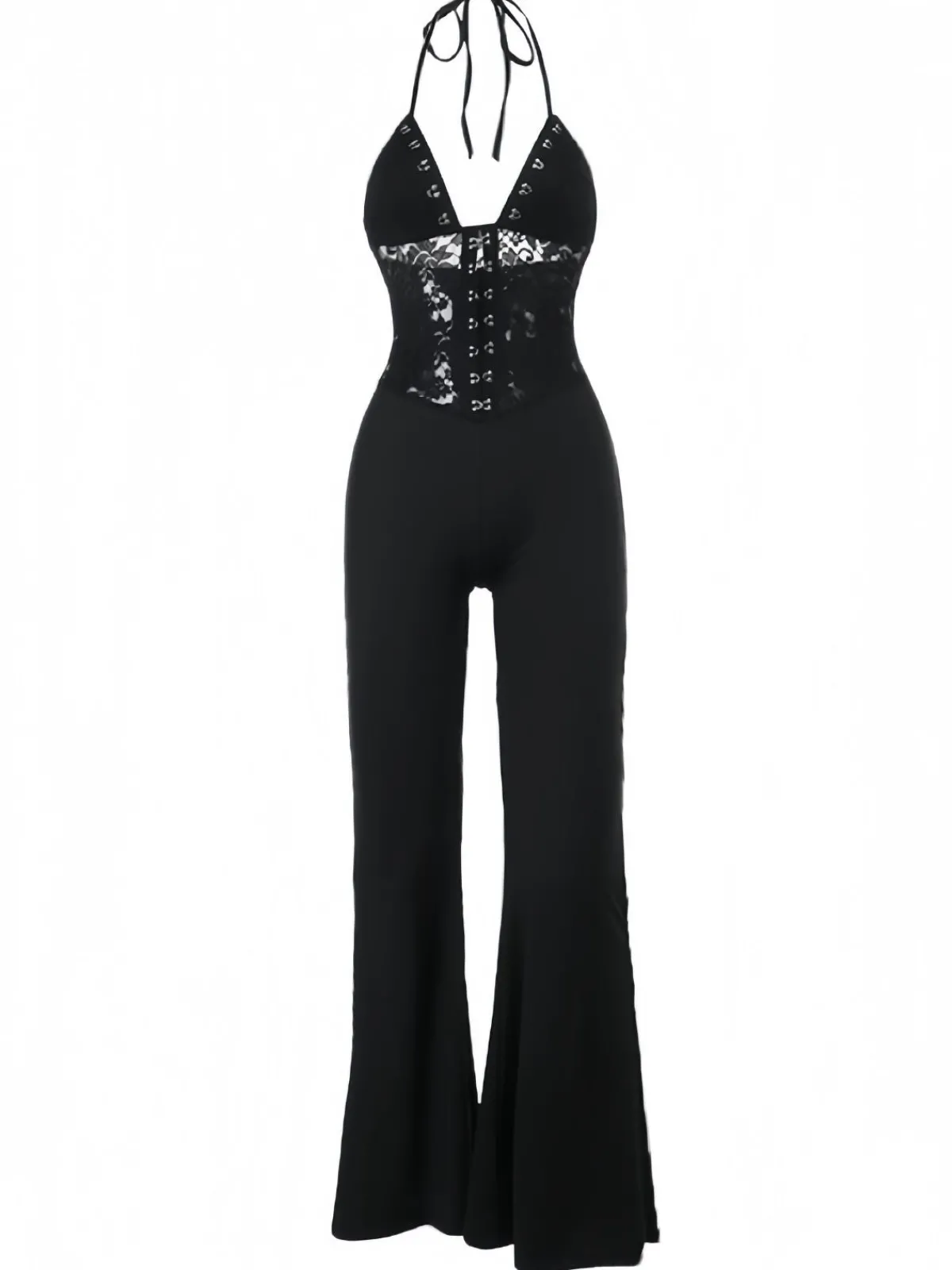 Clearance Retro Stage 1930s Halter Lace Bell-Bottom Jumpsuit Black