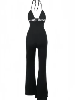 Clearance Retro Stage 1930s Halter Lace Bell-Bottom Jumpsuit Black