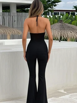 Clearance Retro Stage 1930s Halter Lace Bell-Bottom Jumpsuit Black