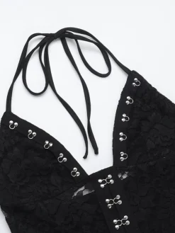 Clearance Retro Stage 1930s Halter Lace Bell-Bottom Jumpsuit Black