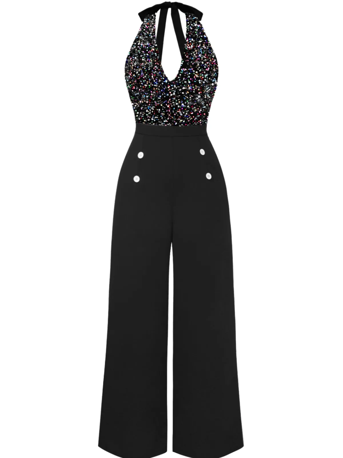 Best Retro Stage Black 1930s Halter Neck Sequined Jumpsuit