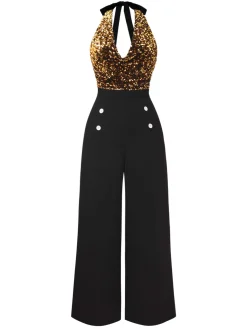 Best Retro Stage Black 1930s Halter Neck Sequined Jumpsuit