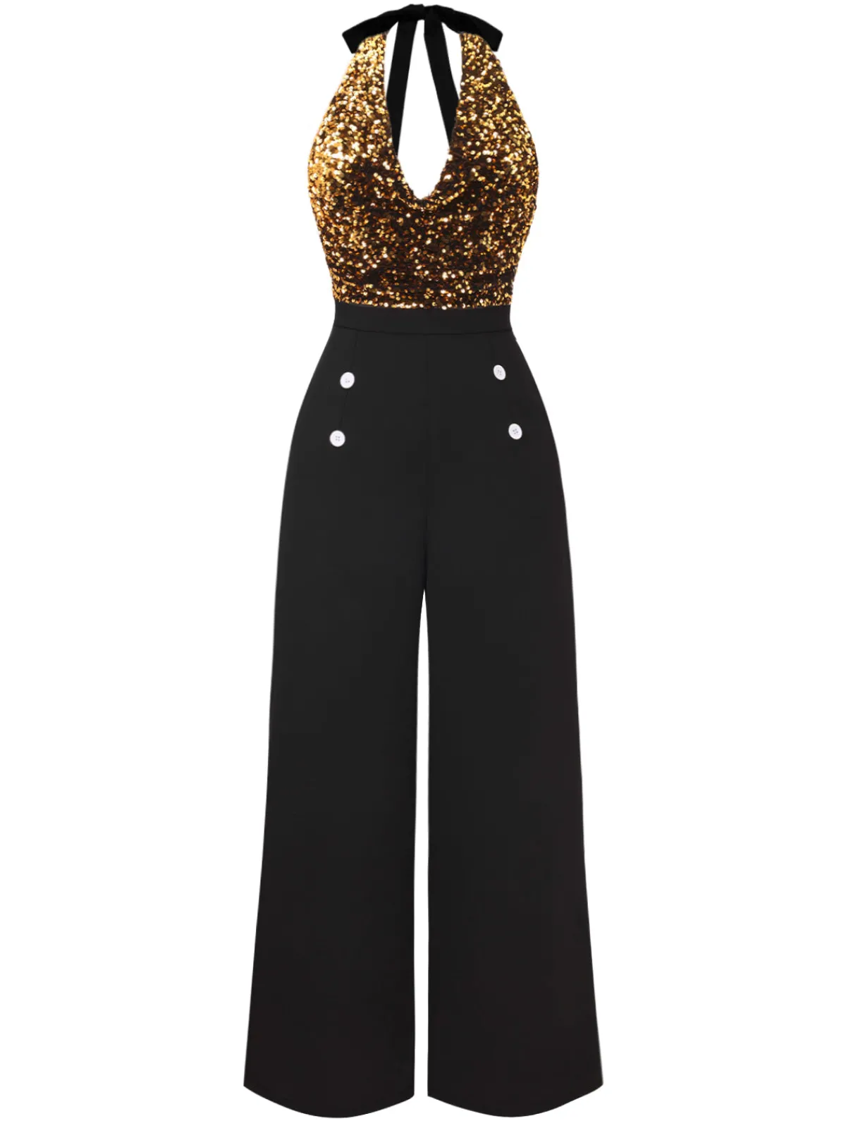Best Retro Stage Black 1930s Halter Neck Sequined Jumpsuit