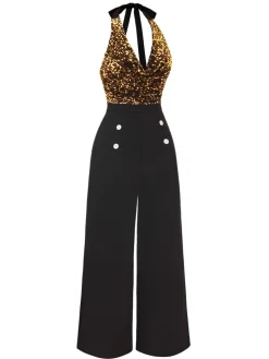 Best Retro Stage Black 1930s Halter Neck Sequined Jumpsuit