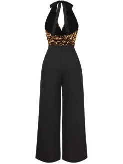 Best Retro Stage Black 1930s Halter Neck Sequined Jumpsuit