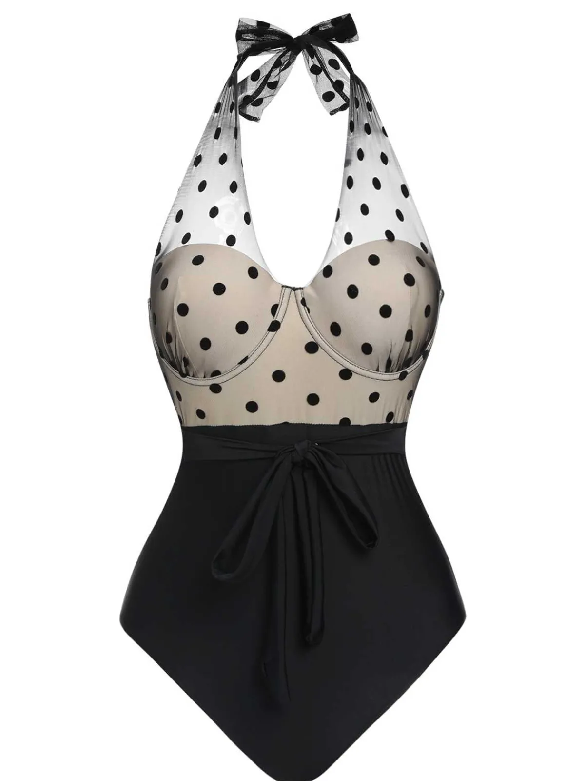 Hot Retro Stage 1950s Halter Polka Dots Mesh Swimsuit Black