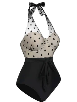 Hot Retro Stage 1950s Halter Polka Dots Mesh Swimsuit Black