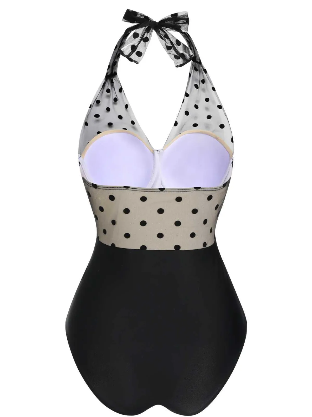 Hot Retro Stage 1950s Halter Polka Dots Mesh Swimsuit Black