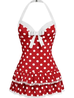 Hot Retro Stage Black 1940s Halter Polka Dots Bow One-Piece Swimsuit