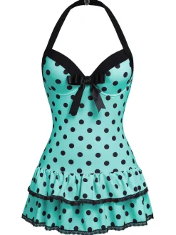Hot Retro Stage Black 1940s Halter Polka Dots Bow One-Piece Swimsuit