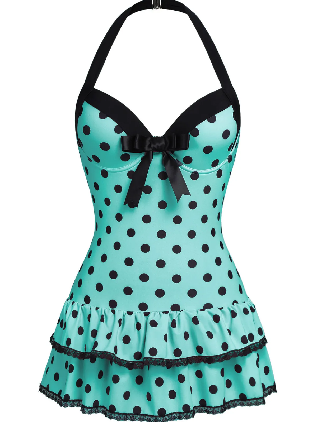 Hot Retro Stage Black 1940s Halter Polka Dots Bow One-Piece Swimsuit