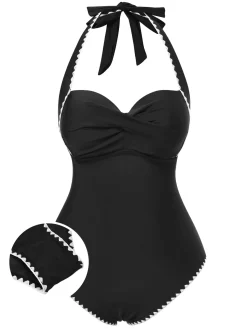 Online Retro Stage 1950s Halter Scallop-Trim One-Piece Swimsuit Black